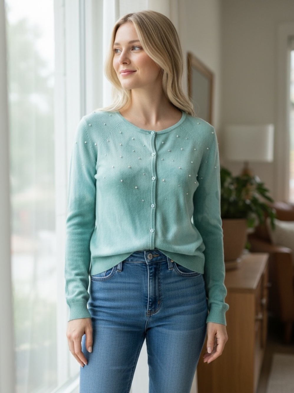 Talbots Lamb-wool Blend Long Sleeves Tie-Die  Woolen Beaded Sweater Top Size S